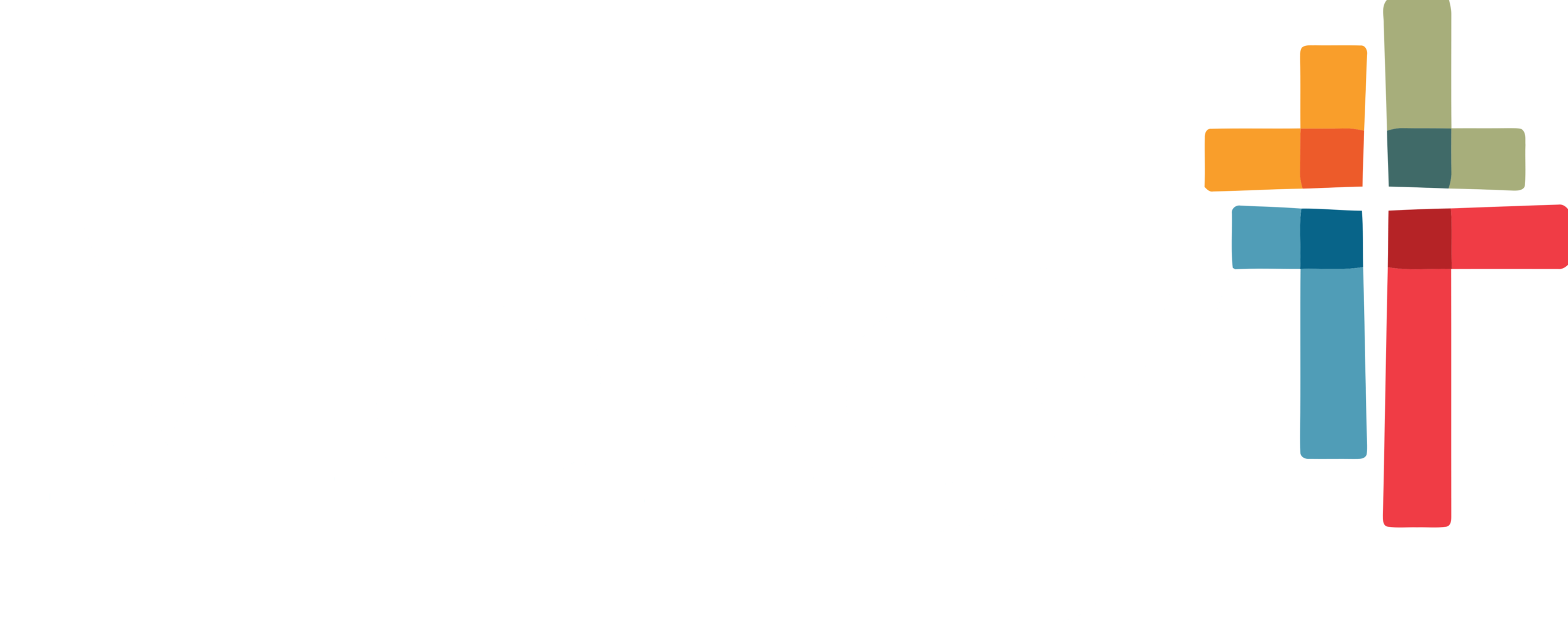 Mercy in white text with colorful cross on gray.