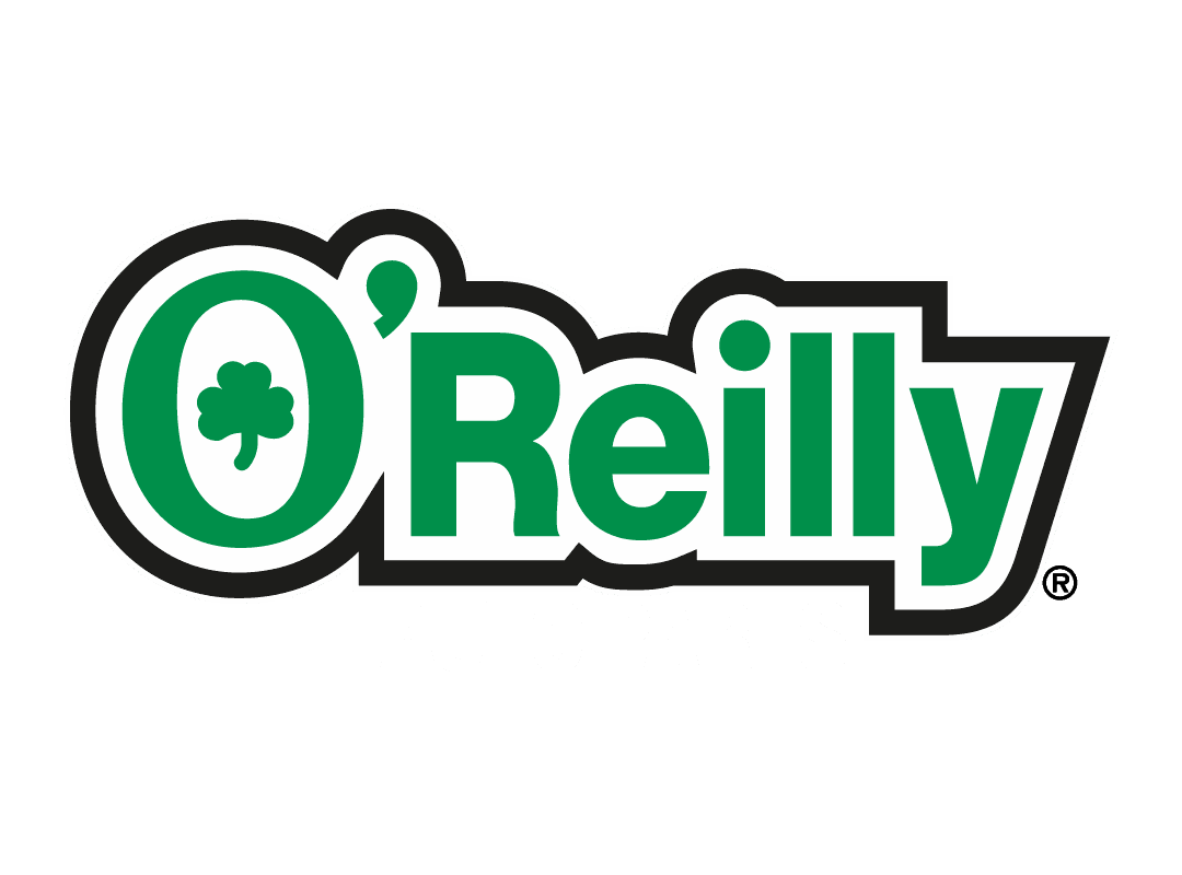 OReilly Auto Parts logo with shamrock and green text.