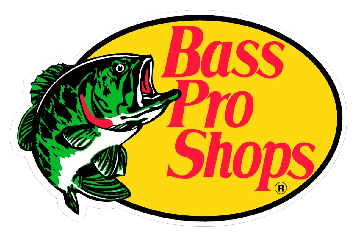 Bass Pro Shops logo: green bass, yellow oval, red text.