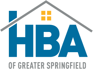 Blue HBA under gray roof, yellow windows, gray text below.