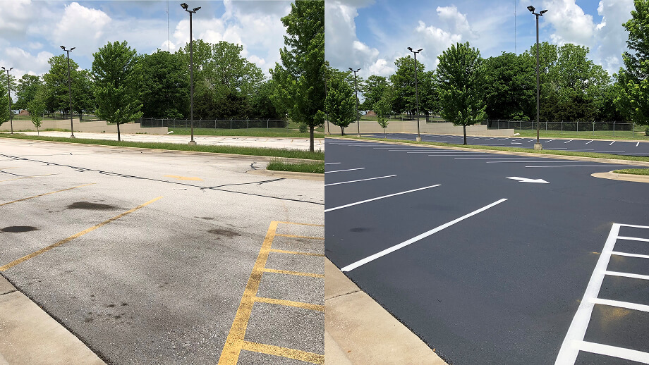 Before and after of a parking lot that was resurfaced and striped.