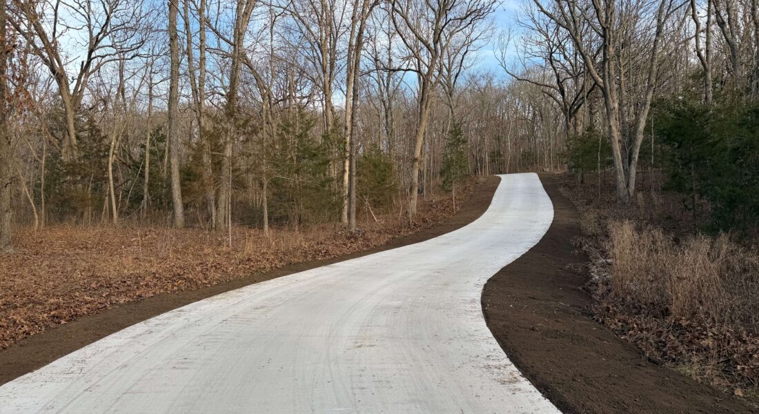 A new concrete driveway leads into the woods.