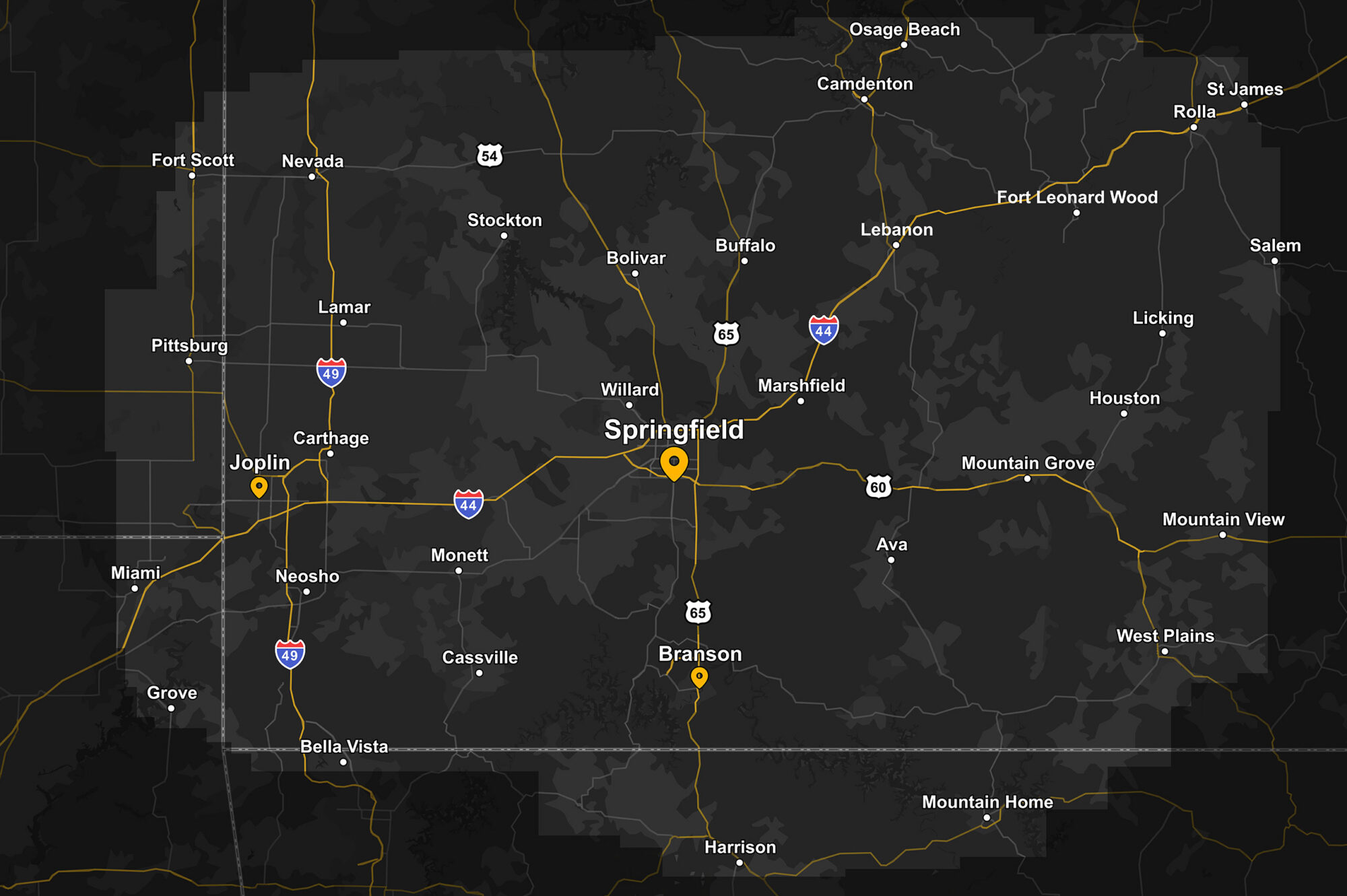 Dark map of Springfield, MO with markers on two cities.