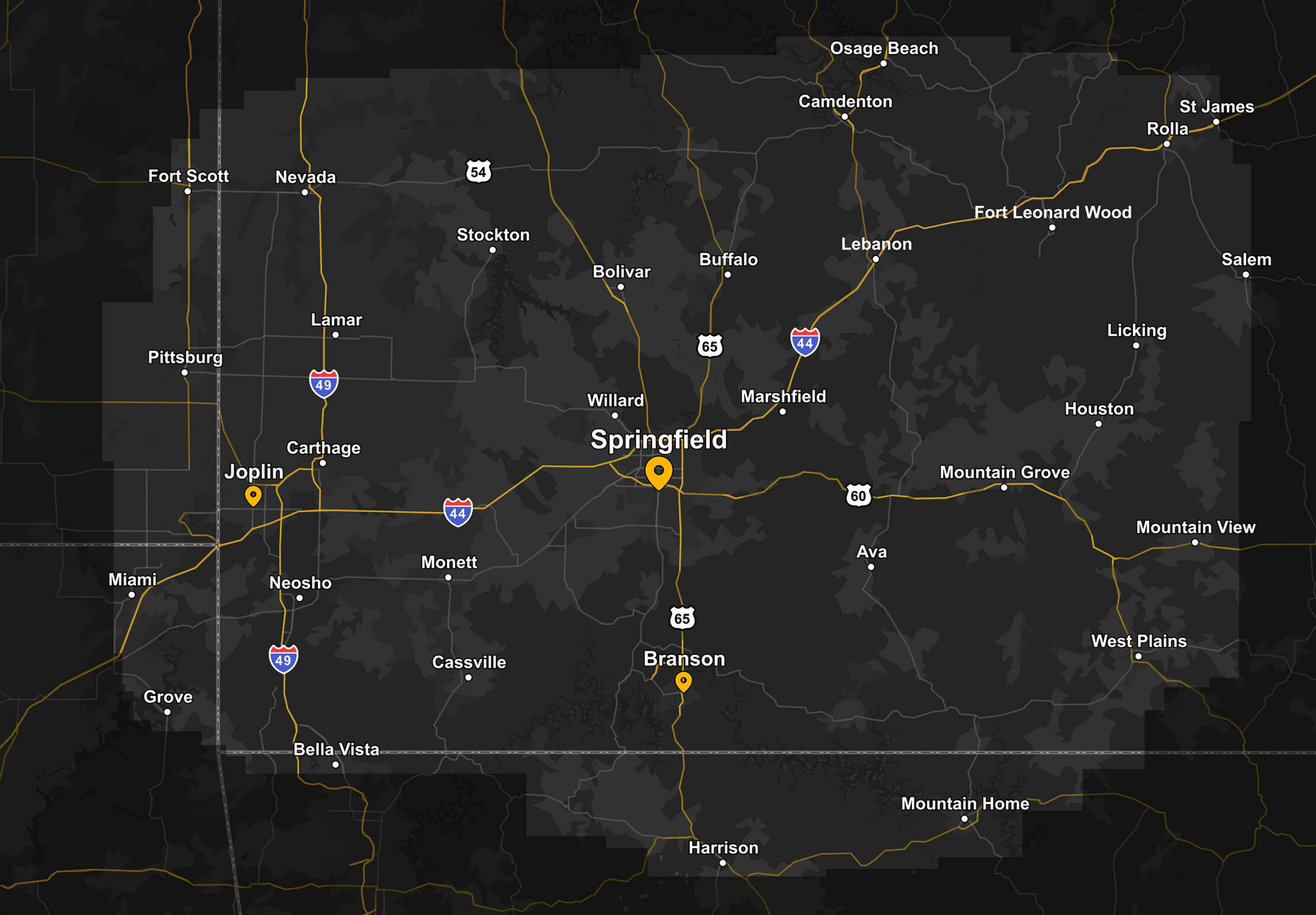 Dark map of Springfield, MO with markers on two cities.